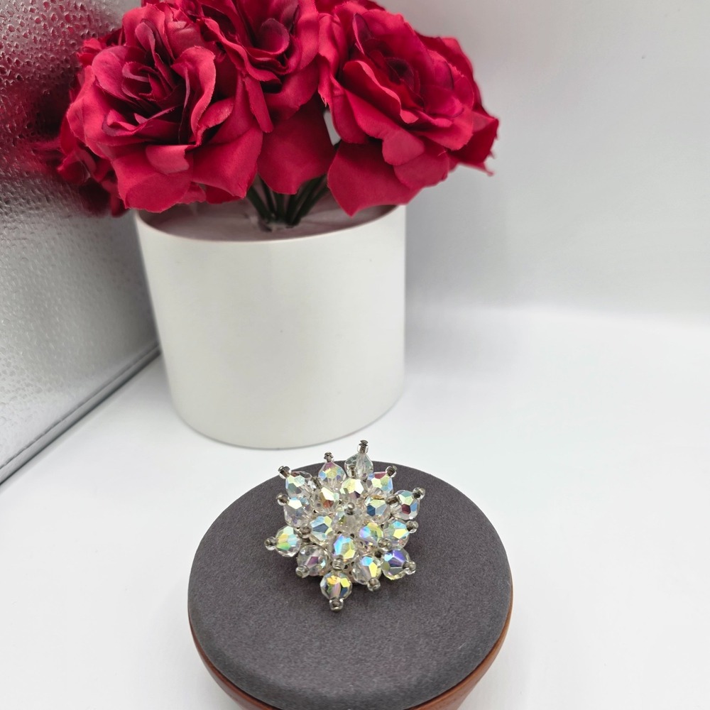 Vintage Flower Rosette Snowflake Aurora Borealis Brooch Pin Sparkly 1.5"X1.5"